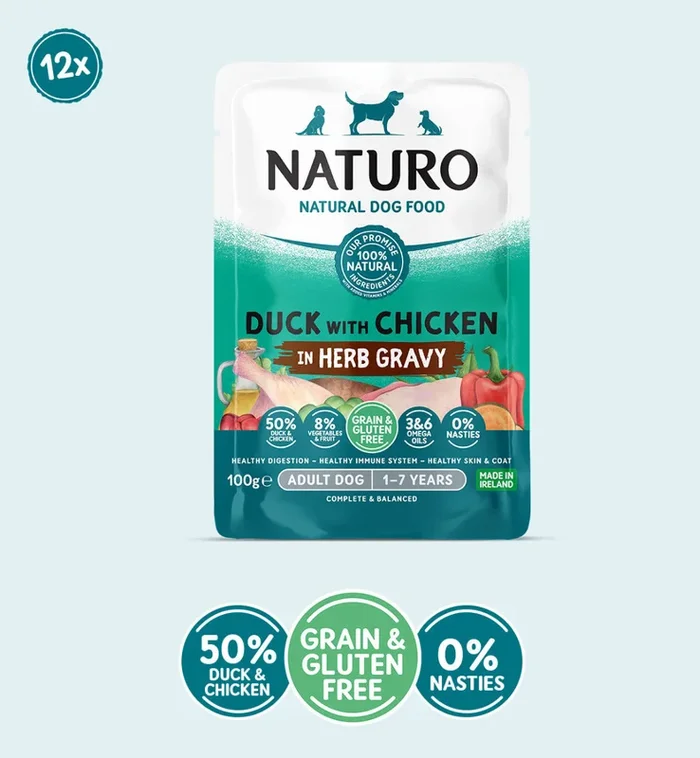 Adult Dog Duck with Chicken in Herb Gravy – Grain & Gluten Free Dog Food | 100g Pouches x 12
