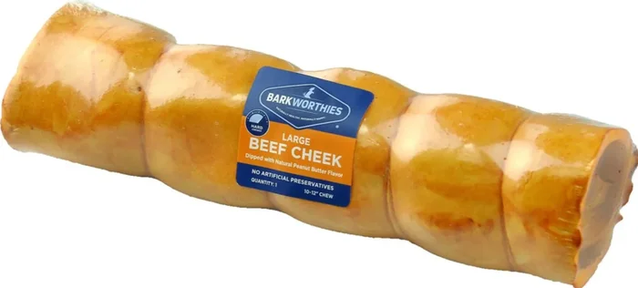 Barkworthies Beef Cheek Peanut Butter Dipped Dog Chew, 10-12″