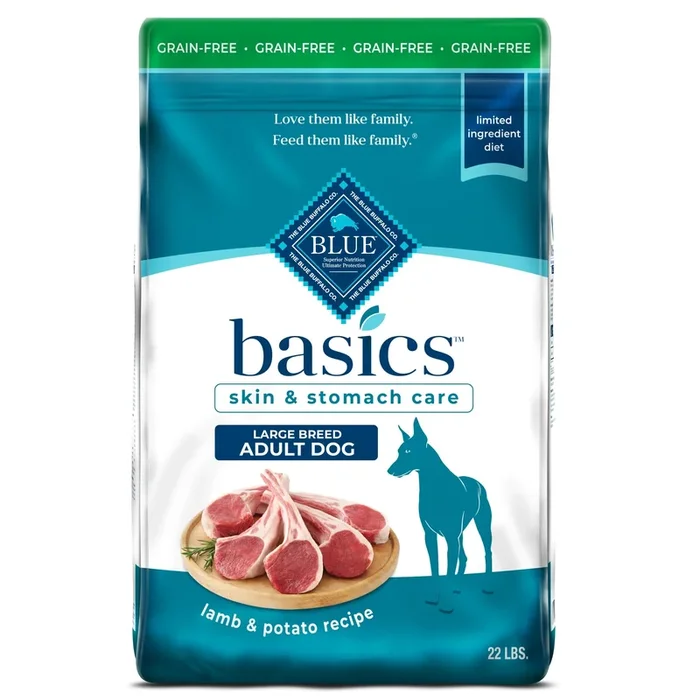 Blue Buffalo Basics Adult Large Breed Grain-Free Dry Dog Food for Skin & Stomach Care, Limited Ingredient Diet, Made in the USA with Natural Ingredients, Lamb & Potato Recipe, 22-lb Bag