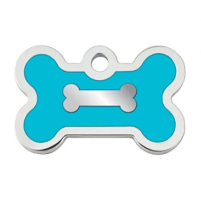 Bone Small Engravable Pet I.D. Tag – Chrome and Turquoise