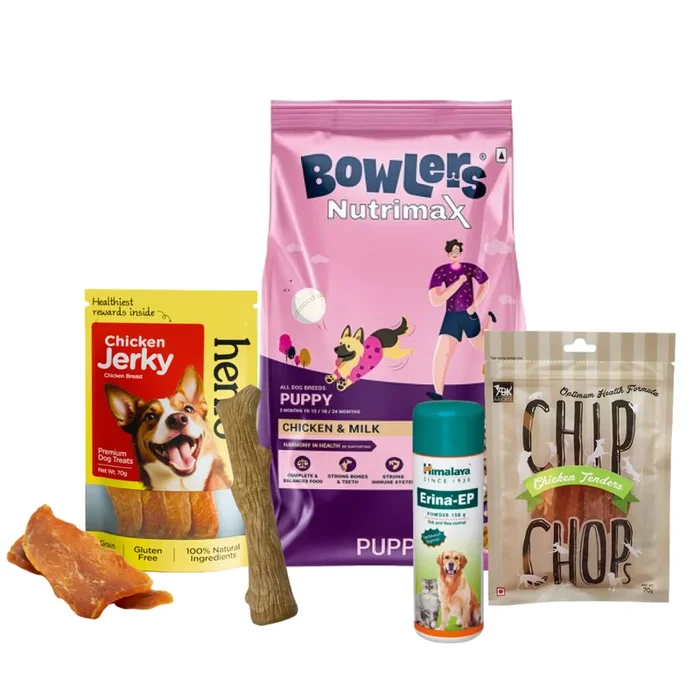 Bowlers Food, Henlo & Chip Chops Treats, Himalaya Tick Powder, Petstages Chew Stick Limited Puppy Hamper