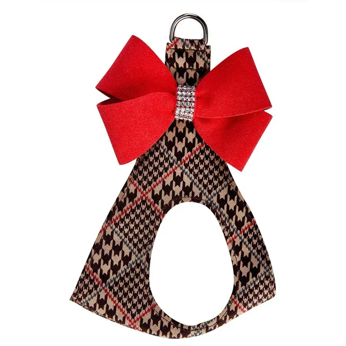 Chocolate Glen Houndstooth Red Nouveau Bow Step-In Dog Harness by Susan Lanci