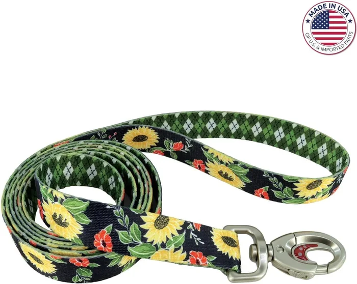 Coastal Sublime Adjustable Dog 6ft Leash – Sunflower with Green Argyle