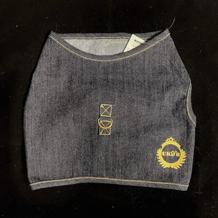 Denim Harness Dress Top with Gold Stitching