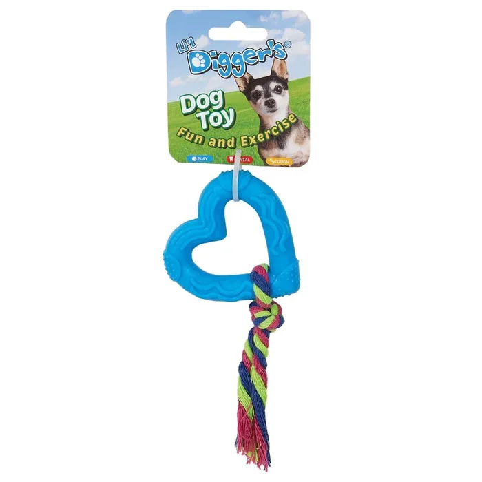 Digger’s TPR Heart and Rope Dog Toy – Blue