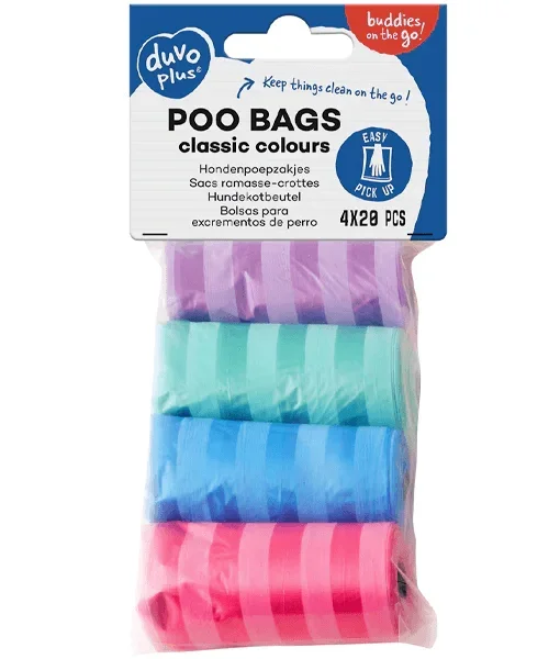 Duvo Plus – Striped Dog Poo Bags, 4 Rolls × 20 Bags, Assorted Colors