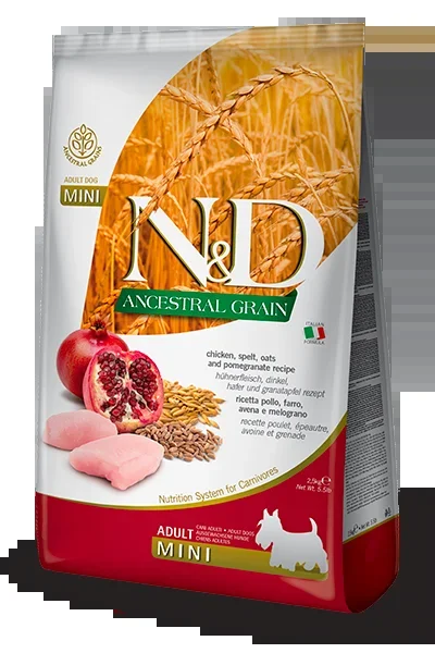 Farmina N&D – Ancestral Grain Chicken, Spelt, Oats & Pomegranate Recipe for Adult Mini Dogs – 5.5 lb