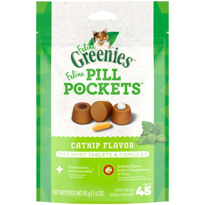 FELINE GREENIES PILL POCKETS for Cats Natural Soft Cat Treats, Catnip Flavor, 1.6 oz. Pack (45 Treats)