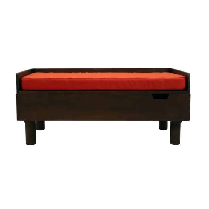 FurryLiving Hibachi Bed with Storage for Dogs (Dark Brown/Red Cushion)