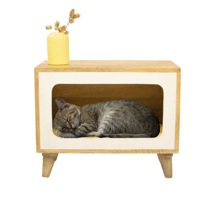 FurryLiving Telly Side Table with Cushion for Small Dogs and Cats (Oak/Cream Cushion)