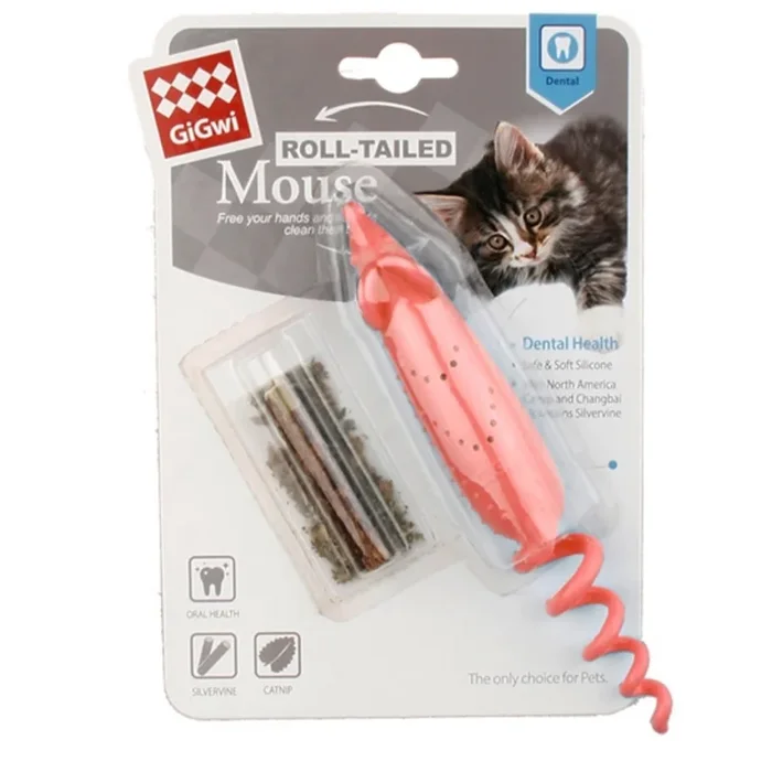 GiGwi Cat Toys – Roll-tailed Mouse with changeable catnip bag and silvervine stick (Pack of 1)