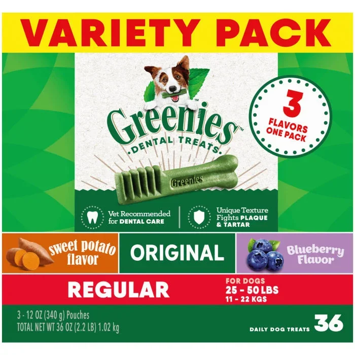 Greenies Natural Dental Care Dog Treats Regular Size, 36 oz. Variety Pack, 3 Flavors