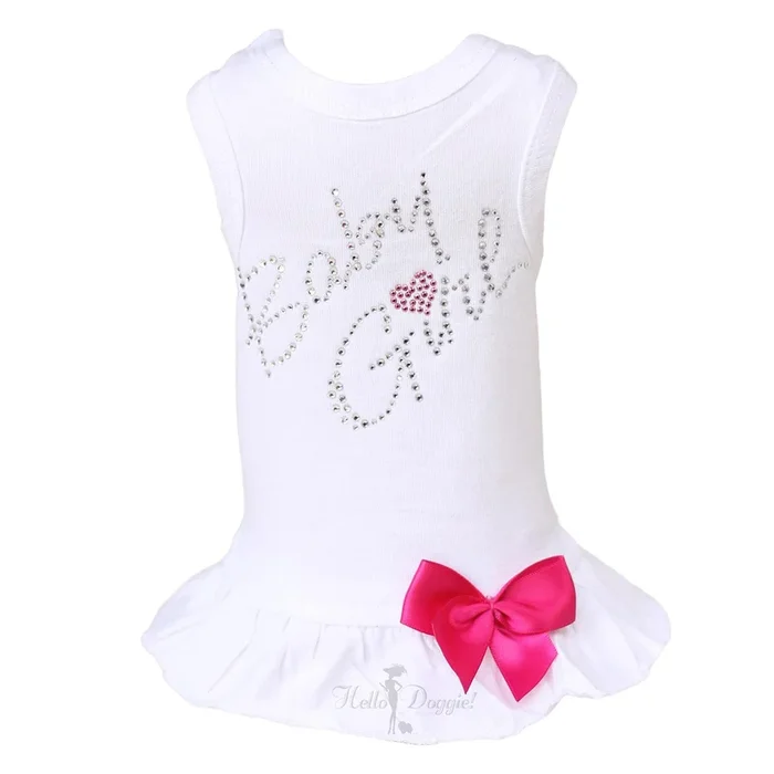 Hello Doggie Baby Girl Dog Dress – White with Pink Bow