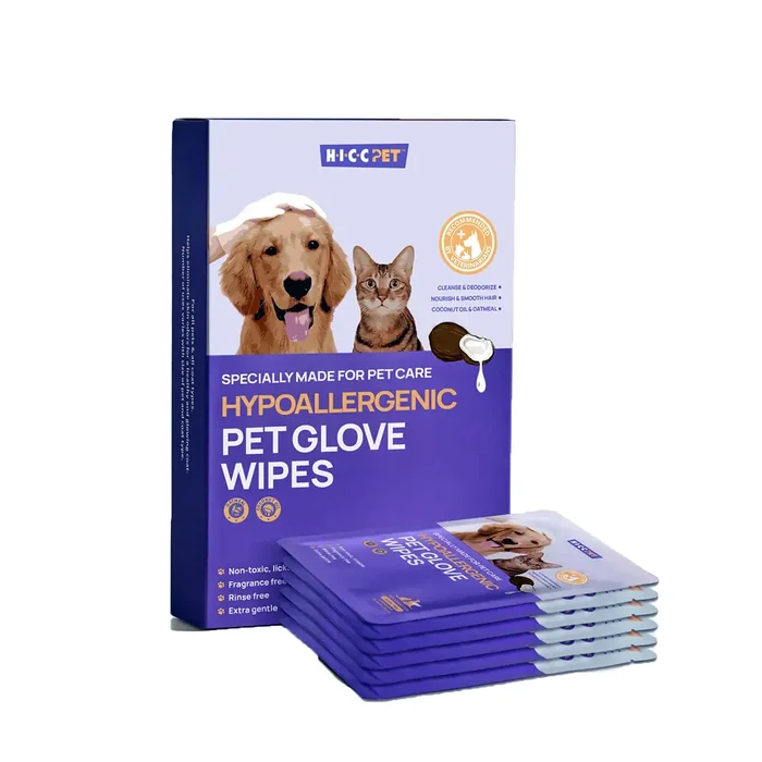 HICC PET Grooming Glove Wipes For Sensitive Skin for Dogs & Cats – 6 Pairs