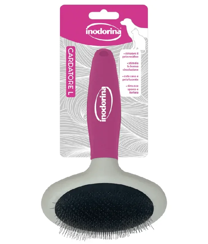 Inodorina – Grooming Carding Brush for Cats & Dogs, Medium Size with Curved Stainless Steel Teeth – L6 x 4.8W x 5H cm