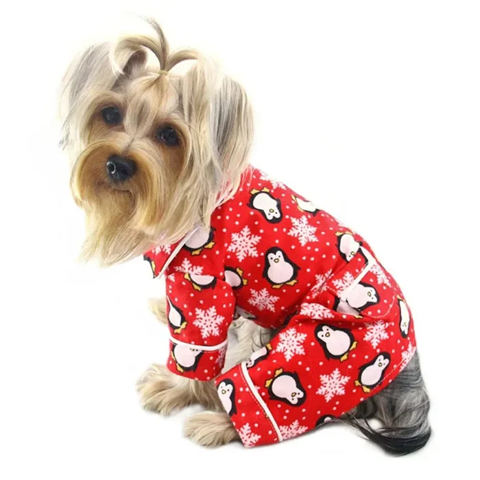 Klippo Penguins and Snowflakes Flannel Dog Pajamas – Red