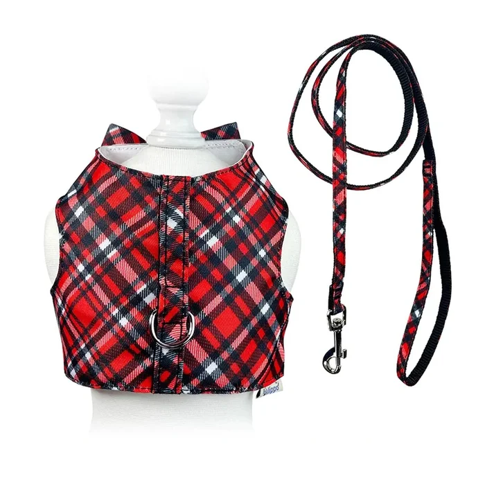 Klippo Red Plaid Dog Harness Vest with Matching Leash
