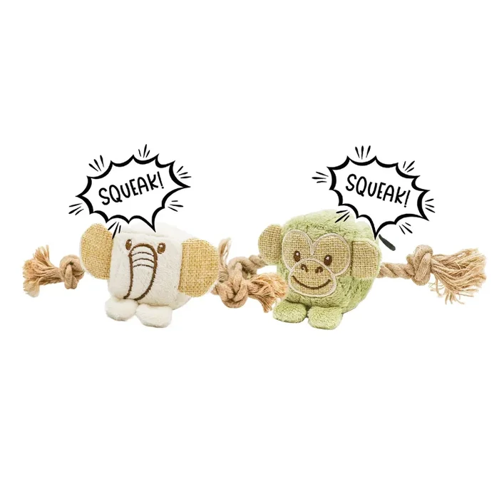 Mini Hemp Chunky Monkey and Elephant Dog Toys: Fun Squeaker & Hemp Rope, Stimulates Mentally & Physically, Cute Block Head with Squeaker, Tough Hemp for Chewing & Fetching, Non-Toxic, Cleans Teeth, for Pets