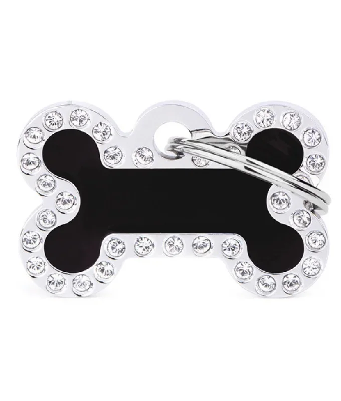 My Family Glam Small Bone Black ID Tag with Rhinestones