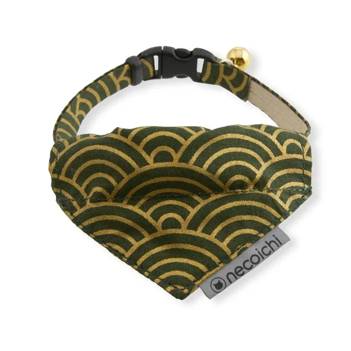Necoichi Bandana Cat Collar With Air Tag Pocket – Gilded Wave Green