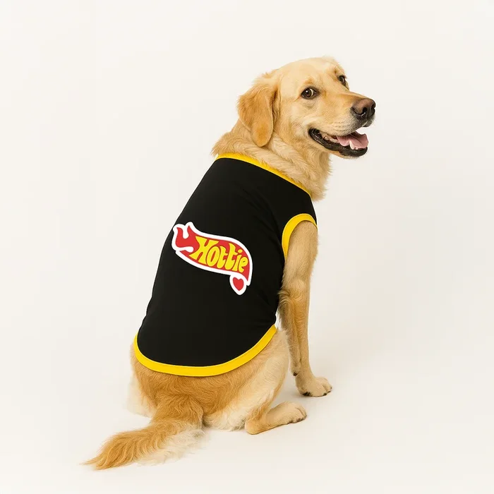PawsIndia Hottie Printed with Ribbed Sleeves TShirt for Dogs (Black)