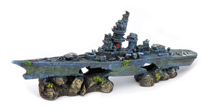 Penn-Plax Sunken Battleship Fish Aquarium Ornament – Medium