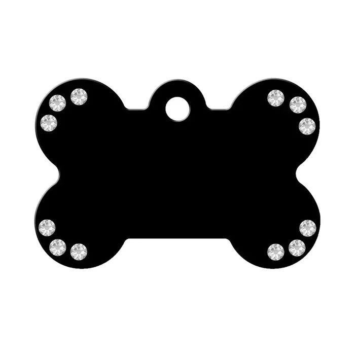Personalised Petsy Pet Tag – Large Bone – Black with Clear Stones