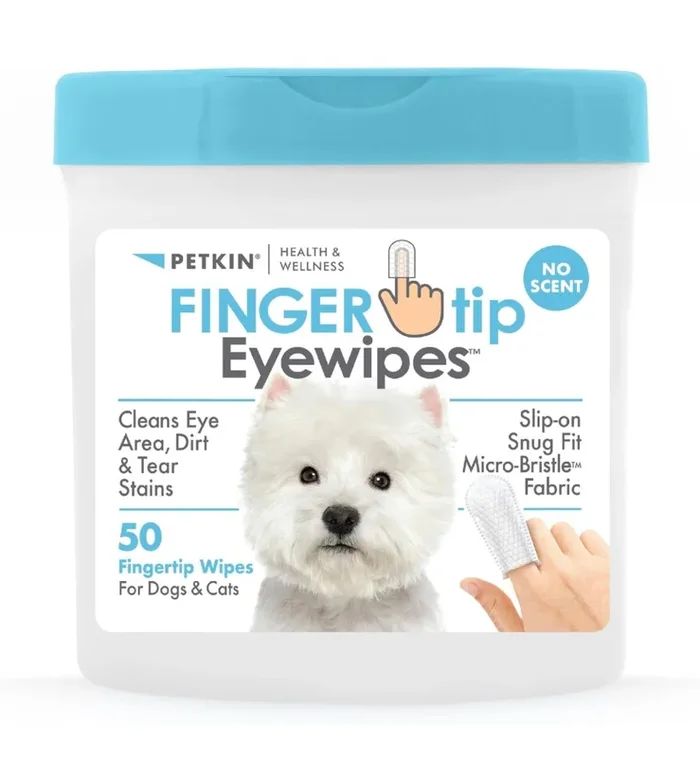 Petkin Fingertip Eye Wipes for Dogs and Cats, 50 Finger Wipes – Slip-On, Snug Fit, Micro-Bristle Fabric – Cleans Eye Area, Dirt and Tear Stains – Convenient, Ideal for Home and Travel – No Scent