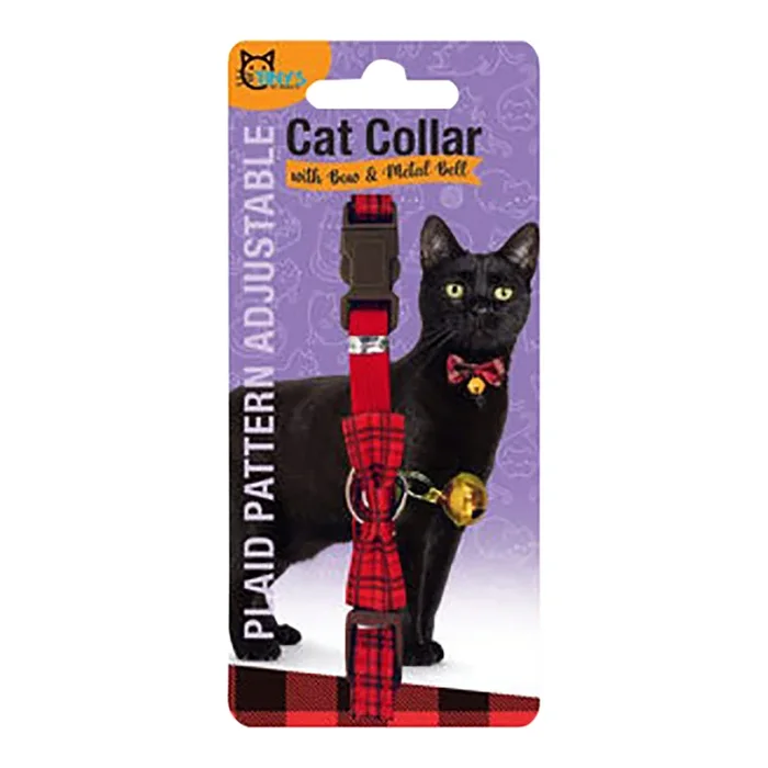 Plaid Pattern Adjustable Cat Collar – With Bell and Bow Tie