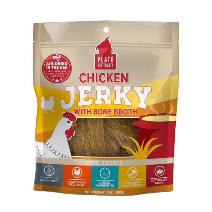Plato Grain Free Jerky Dog Treats – Chicken with Bone Broth