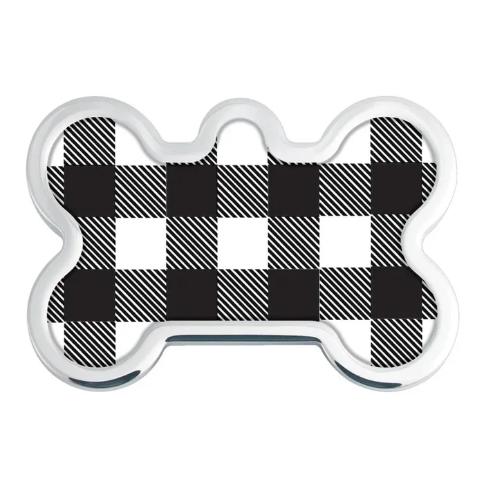 Raised Edge Bone Large Engravable Pet I.D. Tag – Black & White Buffalo Check