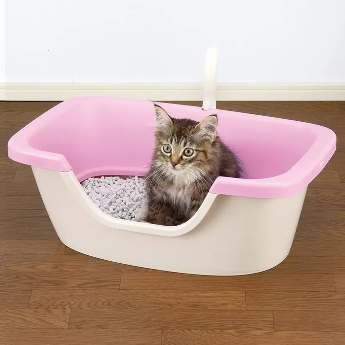 Richell PAW TRAX Adjustable Entry Cat Litter Box – Pastel Pink