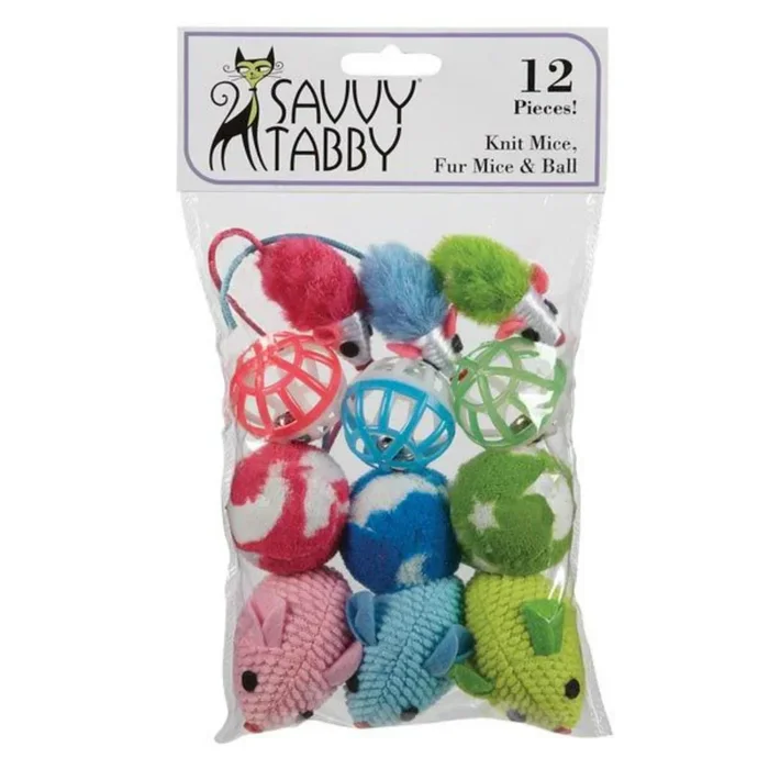 Savvy Tabby Knit Mice, Fur Mice & Ball Cat Toys – 12 Pack