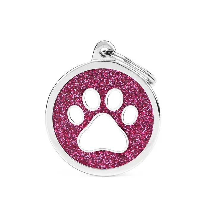 Shine Big Pink Glitter Circle White Paw ID Tag – MyFamily