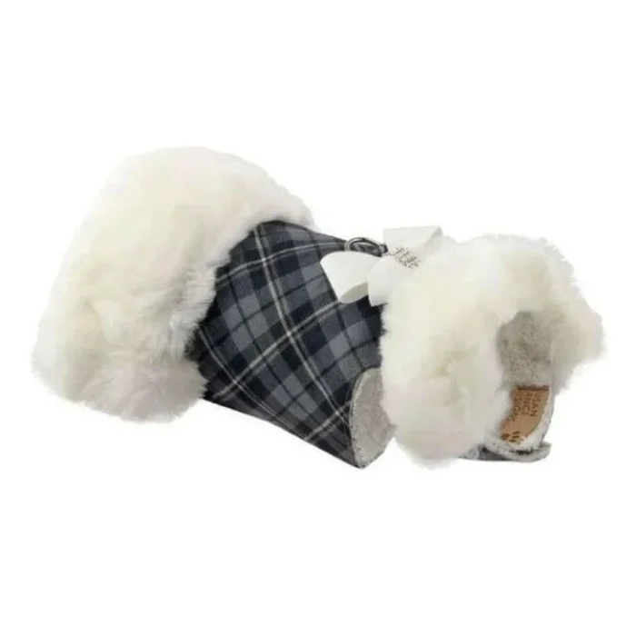 Susan Lanci Scotty Plaid Fur Dog Coat – Charcoal with White Bow and Fox