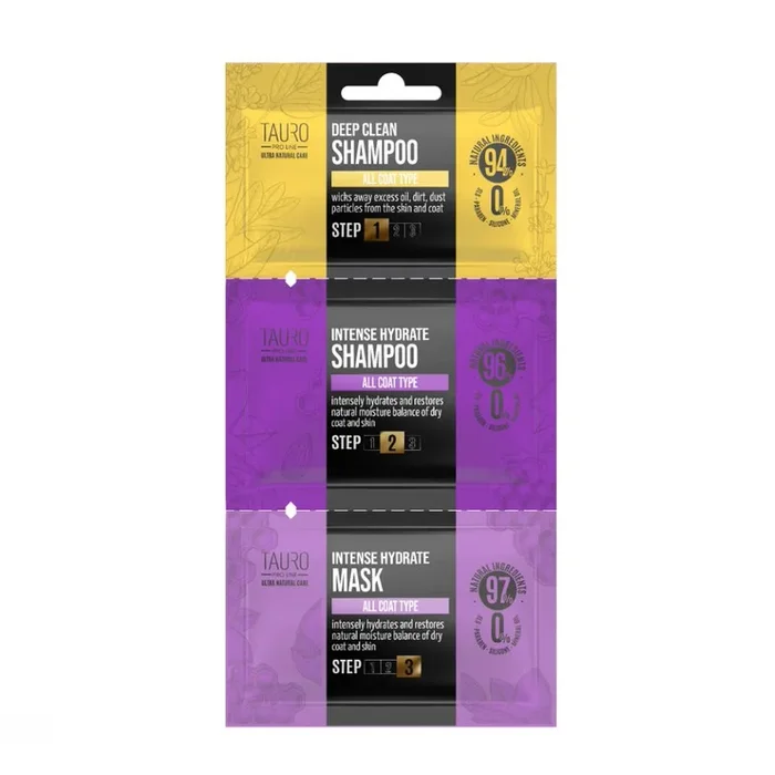 Tauro Pro Line dog and cat coat and skin shampoo and mask sample set