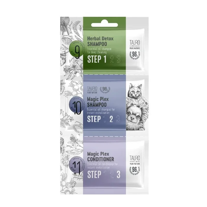 Tauro Pro Line Pure Nature Herbal Detox + Magic-Plex 3 Step Dog & Cat Shampoo And Conditioner Sample Set For Revitalization