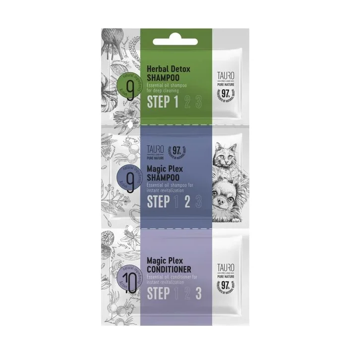 Tauro Pro Line Pure Nature Herbal Detox + Magic-Plex sample set for dogs and cats, dog and cat shampoo and conditioner sample set