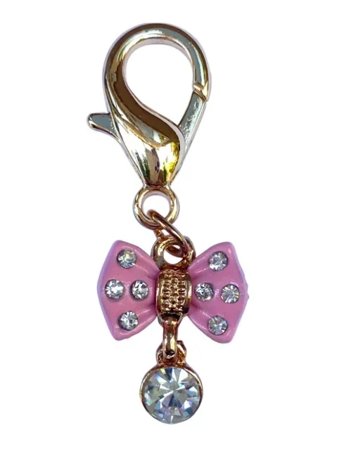 The Dog Squad Tiny Pink Bow with Diamond Dog Collar Charm