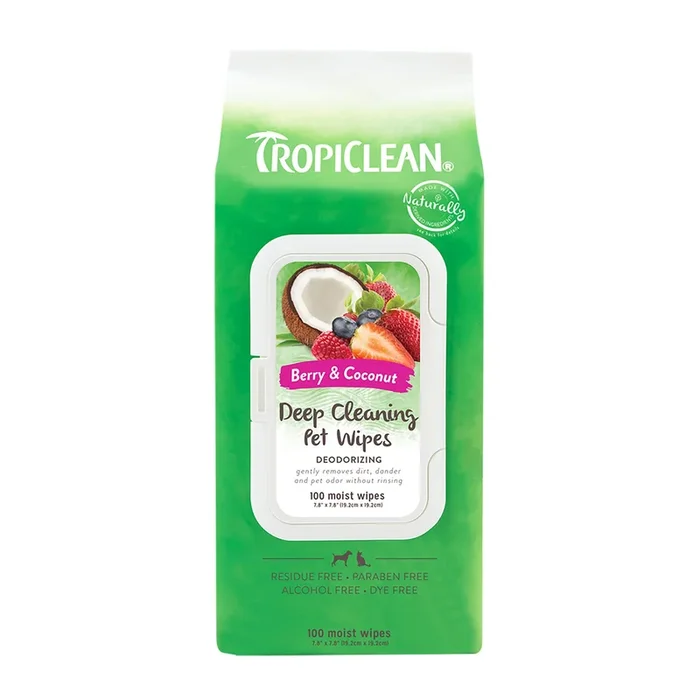 TropiClean Deep Cleaning Berry & Coconut Deodorizing Wipes