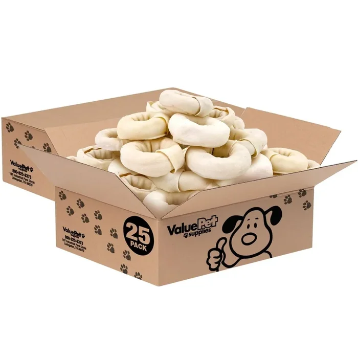 ValueBull USA Beef Rawhide Donut Rings, Premium Thick Cut, 50 Count Bulk Pack