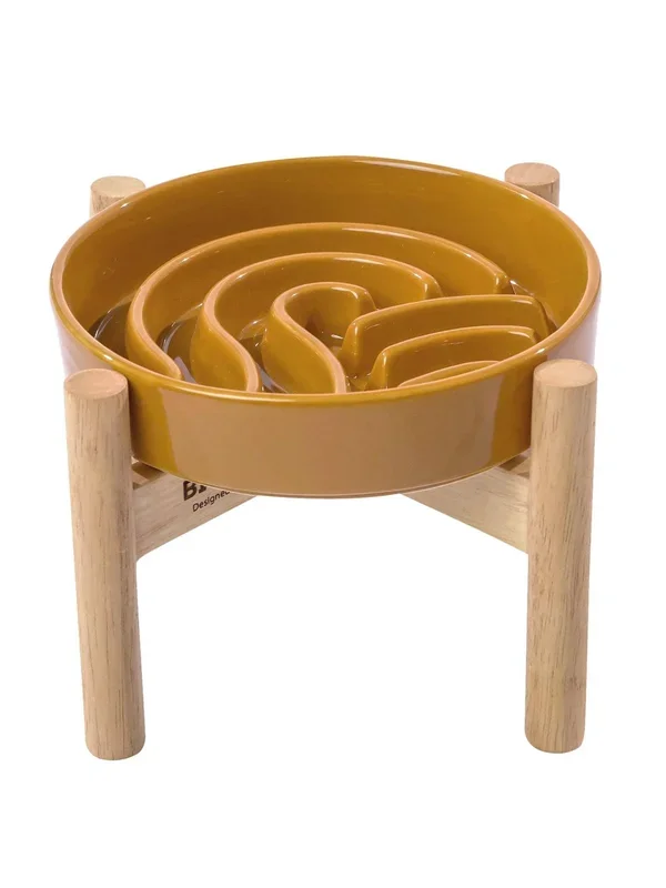 [Wave] Slow Feeder Dog Bowls – S / Orange / Wood Stand