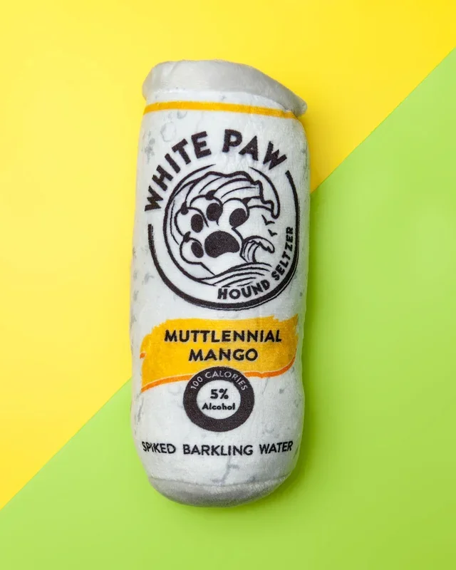 White Paw Hound Seltzer Plush Dog Toy in Muttlenial Mango