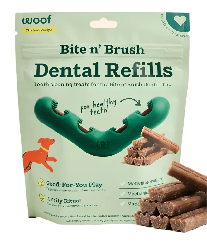Woof Bite ‘n Brush Toothbrushing Enrichment Toy for Dogs, Refill Chews