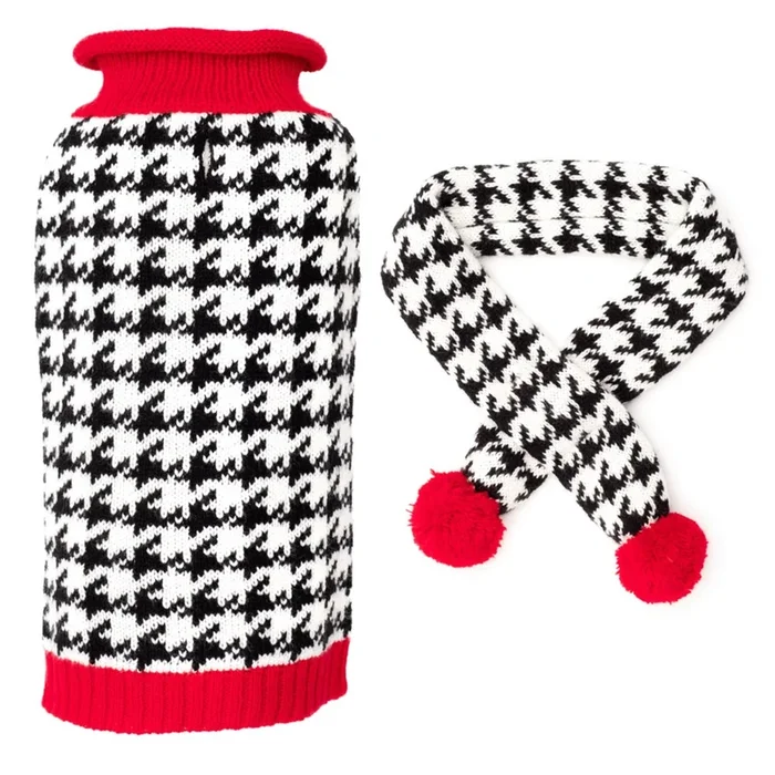 Worthy Dog Houndstooth Turtleneck Dog Sweater & Scarf Set – Black