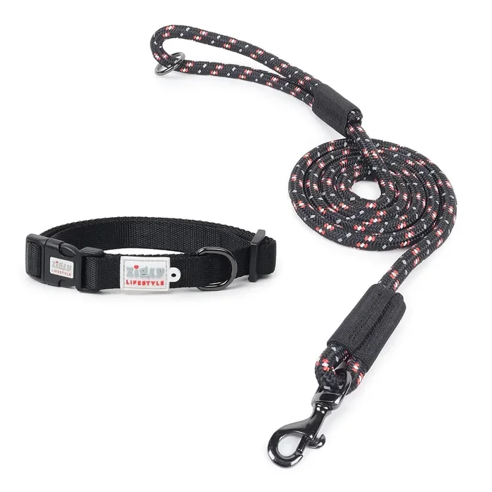 ZL Classic Padded Dog Collar & Refelective Leash Set – Black